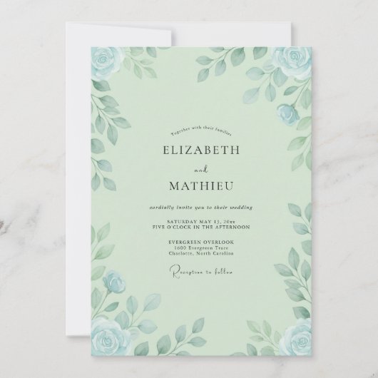 Invitation Mariage Feuillu Bleu Ciel Menthe (Devant)