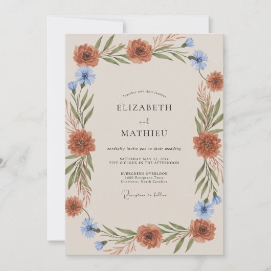 Invitation Mariage Feuillu Bleuet Rouille (Devant)