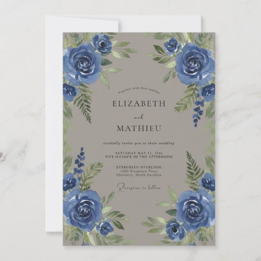 Invitation Mariage Feuillu Bleuet Taupe (Devant)