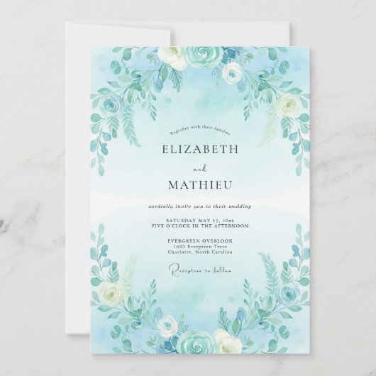 Invitation Mariage Feuillu Céruléen au Clair de Lune (Devant)