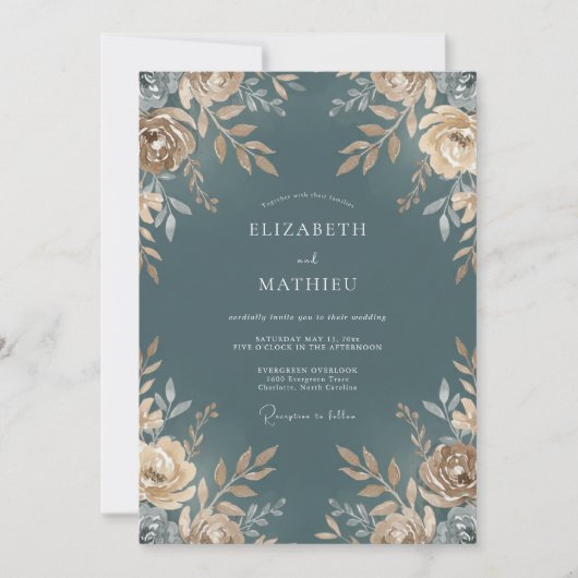 Invitation Mariage Feuillu Champagne Acier (Devant)