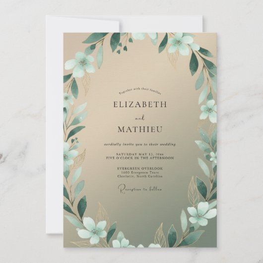 Invitation Mariage Feuillu Champagne Aqua (Devant)