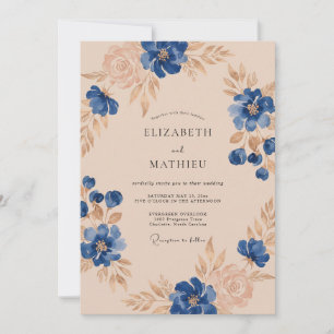 Invitation Mariage Feuillu Champagne Cobalt