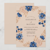 Invitation Mariage Feuillu Champagne Cobalt (Devant / Derrière)