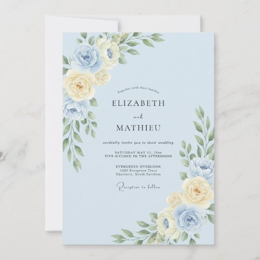 Invitation Mariage Feuillu Champagne Pervenche (Devant)