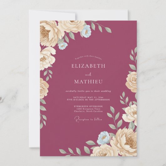 Invitation Mariage Feuillu Champagne prune (Devant)