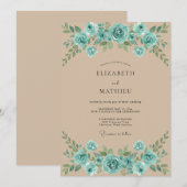 Invitation Mariage Feuillu Champagne Turquoise (Devant / Derrière)