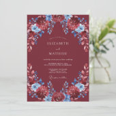 Invitation Mariage Feuillu Ciel Bleu et Bordeaux (Debout devant)