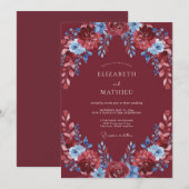 Invitation Mariage Feuillu Ciel Bleu et Bordeaux (Devant / Derrière)