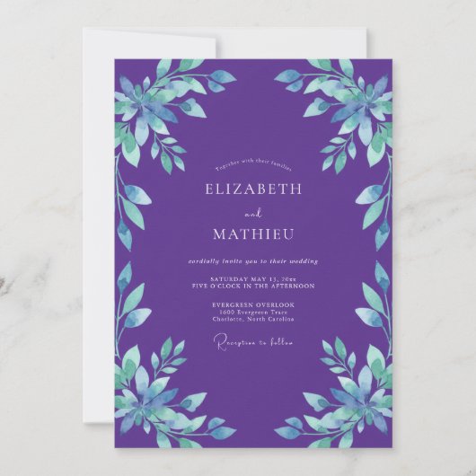Invitation Mariage Feuillu Cyan Améthyste (Devant)