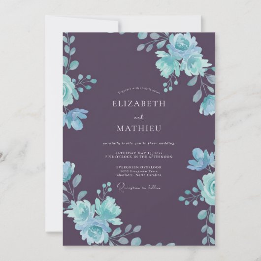 Invitation Mariage Feuillu Cyan Prune (Devant)