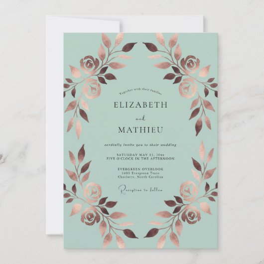 Invitation Mariage Feuillu de Cuivre Menthe (Devant)