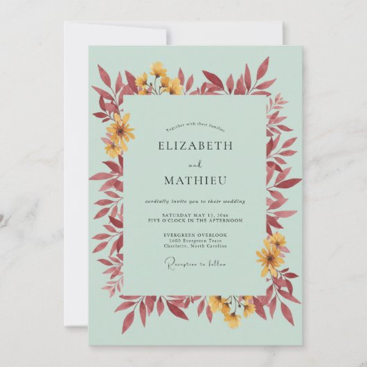 Invitation Mariage Feuillu de Menthe Bordeaux (Devant)