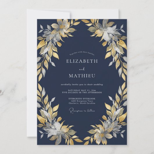 Invitation Mariage Feuillu de Minuit en Or (Devant)