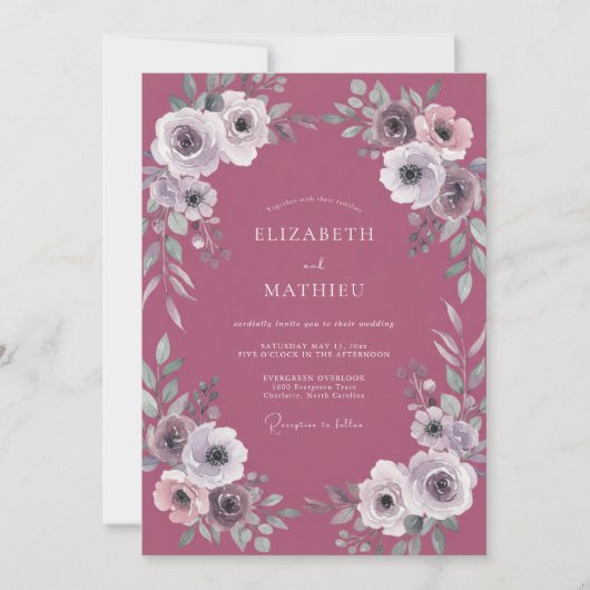 Invitation Mariage Feuillu de Renoncule Mauve (Devant)