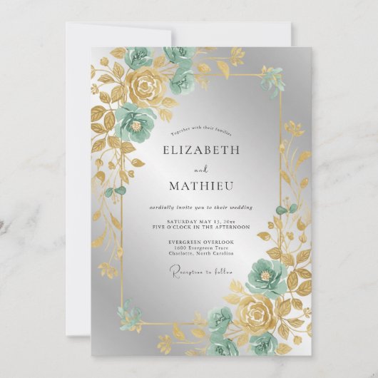 Invitation Mariage Feuillu Doré et Menthe (Devant)