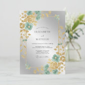Invitation Mariage Feuillu Doré et Menthe (Debout devant)