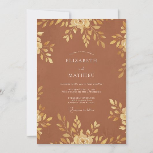 Invitation Mariage Feuillu Doré Rouille (Devant)