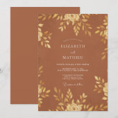 Invitation Mariage Feuillu Doré Rouille (Devant / Derrière)