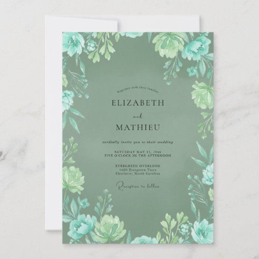 Invitation Mariage Feuillu Éthéré Menthe Aqua (Devant)