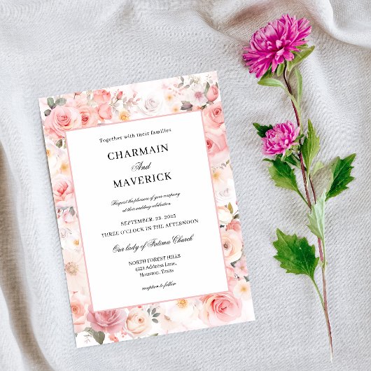 Invitation Mariage feuillu flou doux rose
