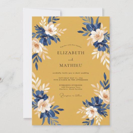 Invitation Mariage Feuillu Jaune Moutarde Cobalt (Devant)