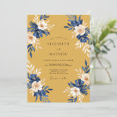Invitation Mariage Feuillu Jaune Moutarde Cobalt (Debout devant)