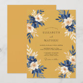 Invitation Mariage Feuillu Jaune Moutarde Cobalt (Devant / Derrière)