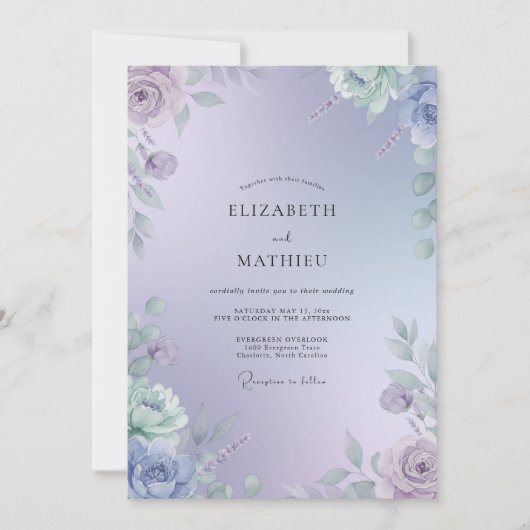 Invitation Mariage Feuillu Lavande Pervenche (Devant)