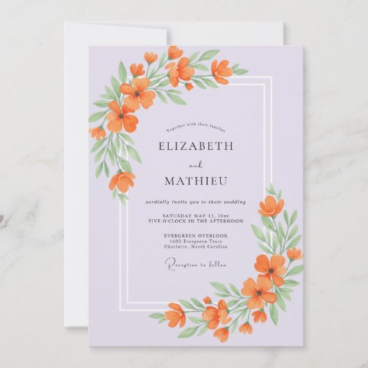 Invitation Mariage Feuillu Lilas Orange (Devant)