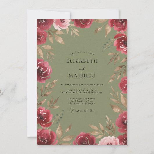 Invitation Mariage Feuillu Olive Bourgogne (Devant)