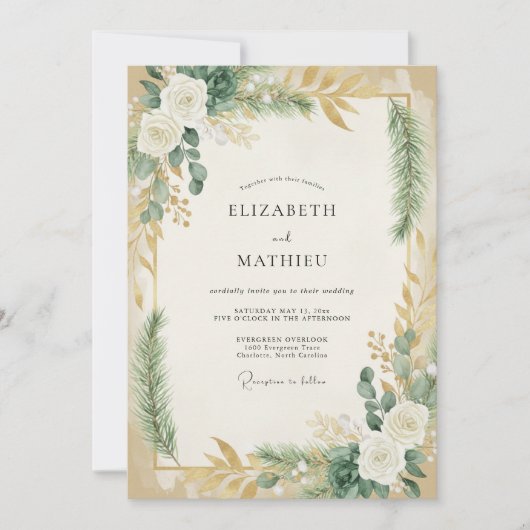 Invitation Mariage Feuillu Olive Sage Or (Devant)