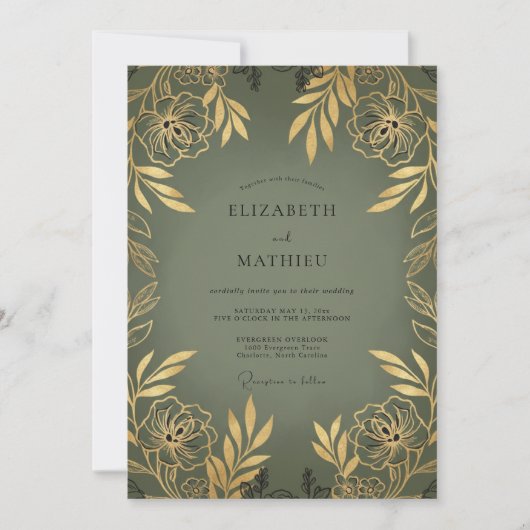 Invitation Mariage Feuillu Or Olive (Devant)