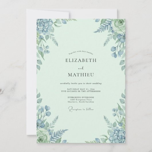 Invitation Mariage Feuillu Pervenche Mousse de Mer (Devant)
