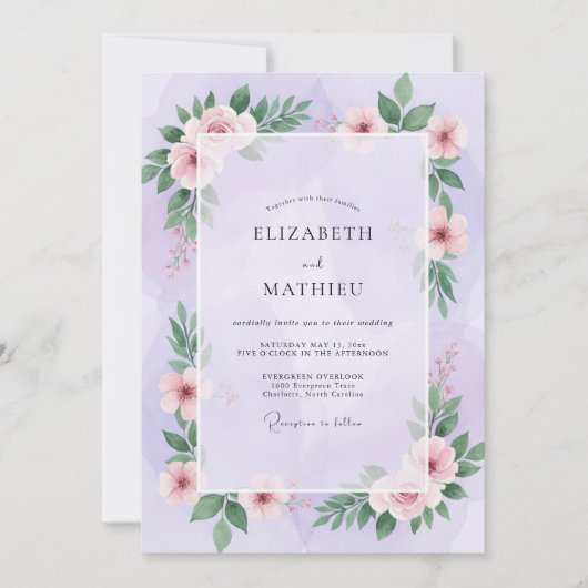 Invitation Mariage Feuillu Rose Lavande (Devant)