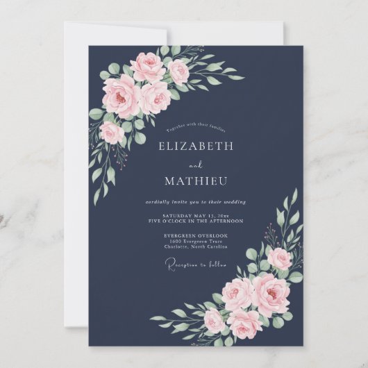 Invitation Mariage Feuillu Rose Minuit (Devant)