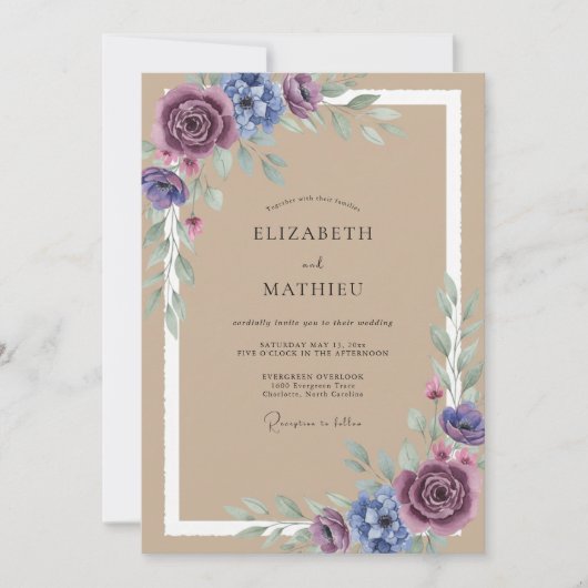 Invitation Mariage Feuillu Taupe et Prune (Devant)