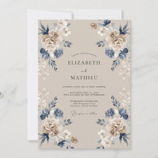 Invitation Mariage Feuillu Taupe Indigo (Devant)