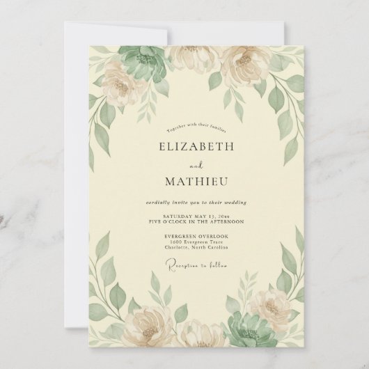 Invitation Mariage Feuillu Taupe Olive Éthéré (Devant)