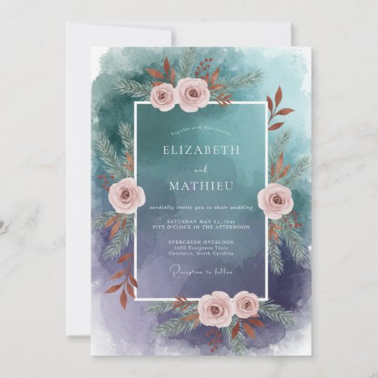 Invitation Mariage Feuillu Teinte de Bleu Turquoise (Devant)