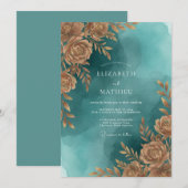 Invitation Mariage Feuillu Turquoise Cuivre (Devant / Derrière)