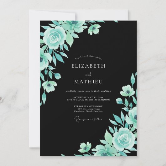 Invitation Mariage Feuillu Turquoise Noir (Devant)