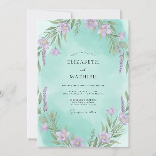 Invitation Mariage Feuillu Violet Aqua (Devant)