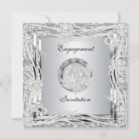 Invitation Mariage Fiançailles Cadre Floral Argent (Devant)