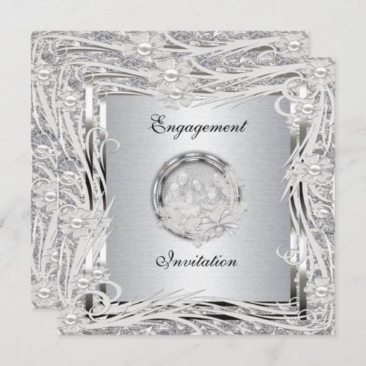 Invitation Mariage Fiançailles Silver Floral Frame (Devant / Derrière)