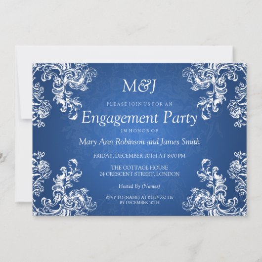 Invitation Mariage Fiançailles Vintage Swirls 2 Sapphire Blue (Devant)