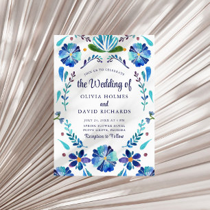 Invitation Mariage Fiesta Floral Mexicain Bleu et Blanc