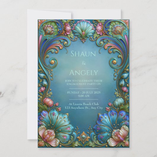 Invitation Mariage Filigrane de Saphir Teal (Devant)
