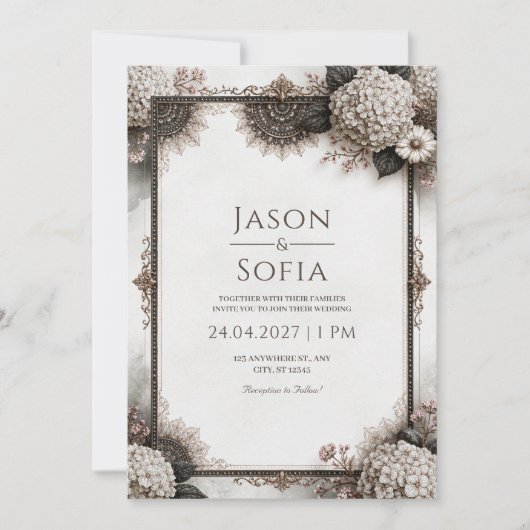 Invitation Mariage Filigrane Hydrangea Sépia (Devant)