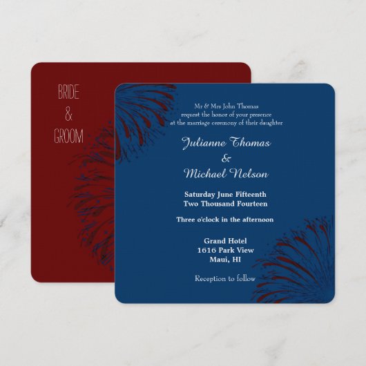 Invitation Mariage Fireworks bleu (Devant / Derrière)